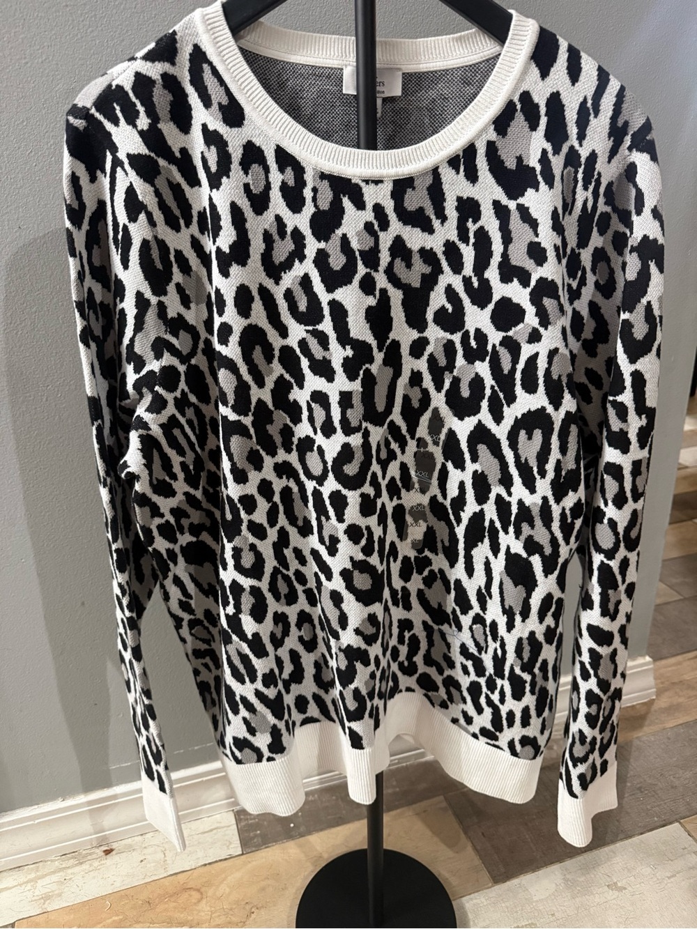 Kim and Rogers Black and White Leopard Print Crewneck Sweater